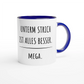 Zweifarbige Keramiktasse 325 ml mit Aufdruck "Unterm Strich ist alles besser. Mega" in Blau – Schreibtischtasse von Vollzeitfrust

