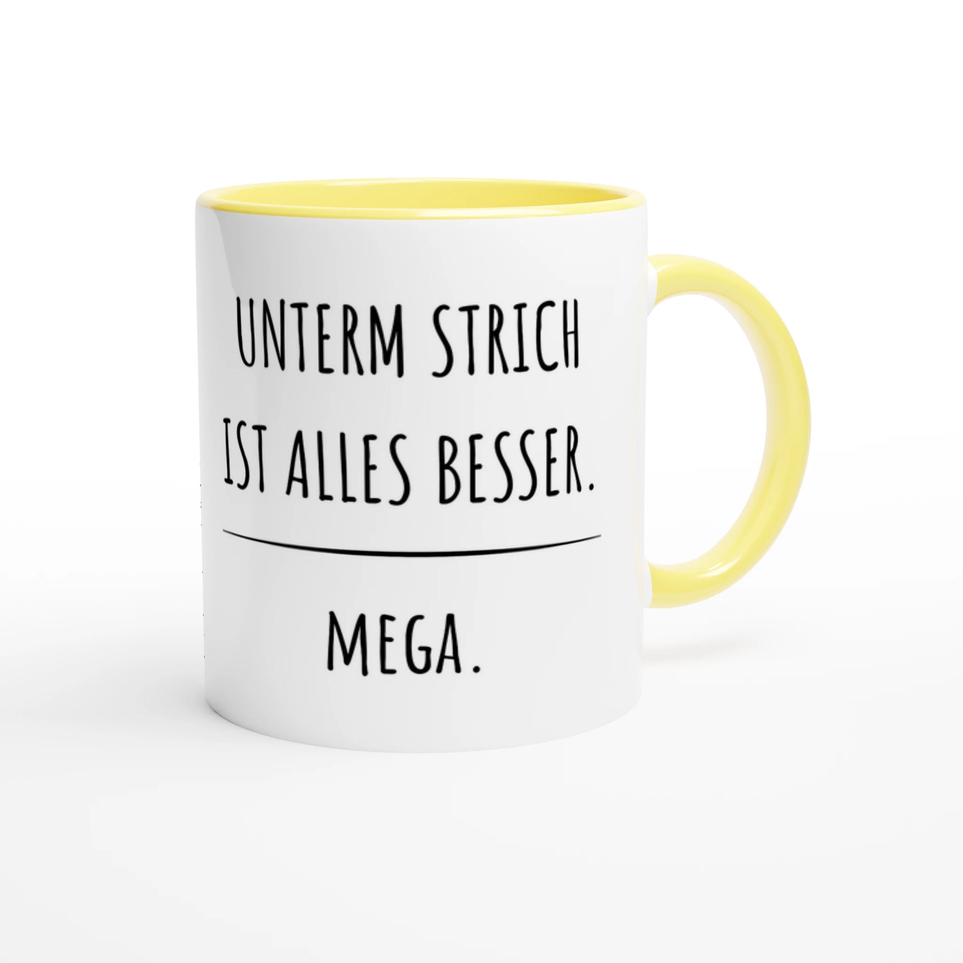 Zweifarbige Keramiktasse 325 ml mit Aufdruck "Unterm Strich ist alles besser. Mega" in Gelb – Schreibtischtasse von Vollzeitfrust
