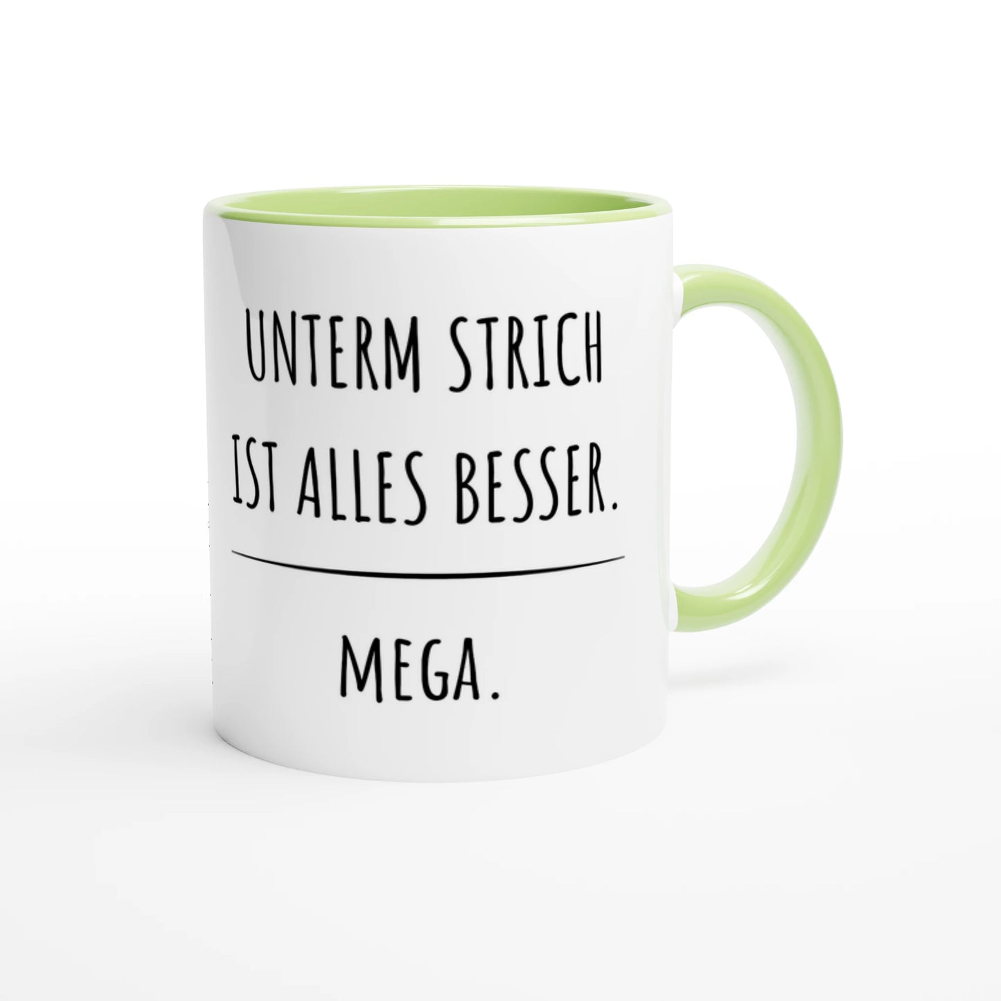Zweifarbige Keramiktasse 325 ml mit Aufdruck "Unterm Strich ist alles besser. Mega" in Grün – Schreibtischtasse von Vollzeitfrust

