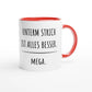 Zweifarbige Keramiktasse 325 ml mit Aufdruck "Unterm Strich ist alles besser. Mega" in Rot – Schreibtischtasse von Vollzeitfrust
