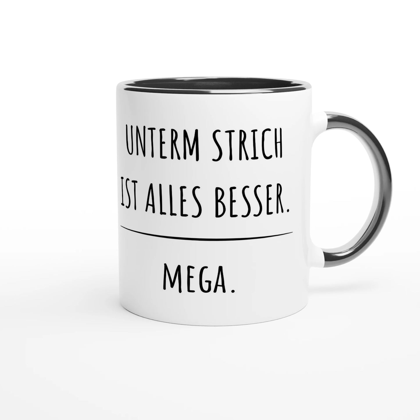 Zweifarbige Keramiktasse 325 ml mit Aufdruck "Unterm Strich ist alles besser. Mega" in Schwarz – Schreibtischtasse von Vollzeitfrust
