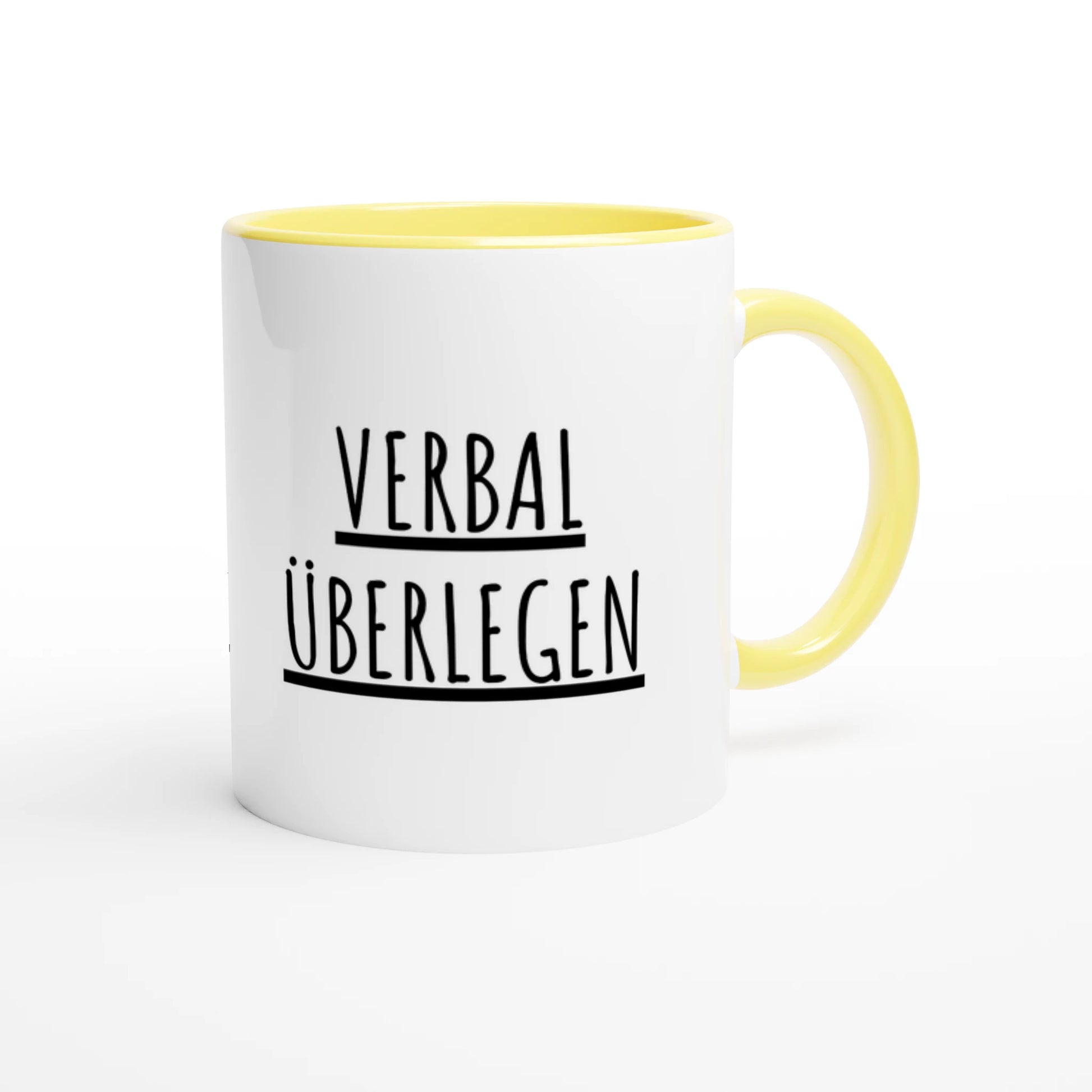 Zweifarbige Keramiktasse 325 ml mit Aufdruck "Verbal überlegen" in Gelb – Schreibtischtasse von Vollzeitfrust
