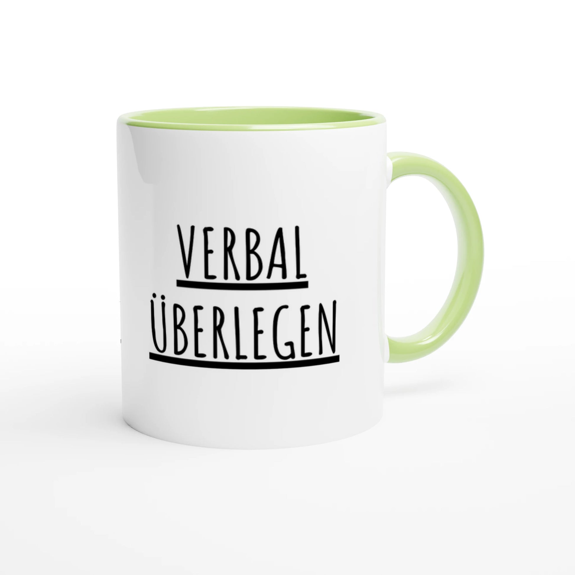 Zweifarbige Keramiktasse 325 ml mit Aufdruck "Verbal überlegen" in Grün – Schreibtischtasse von Vollzeitfrust
