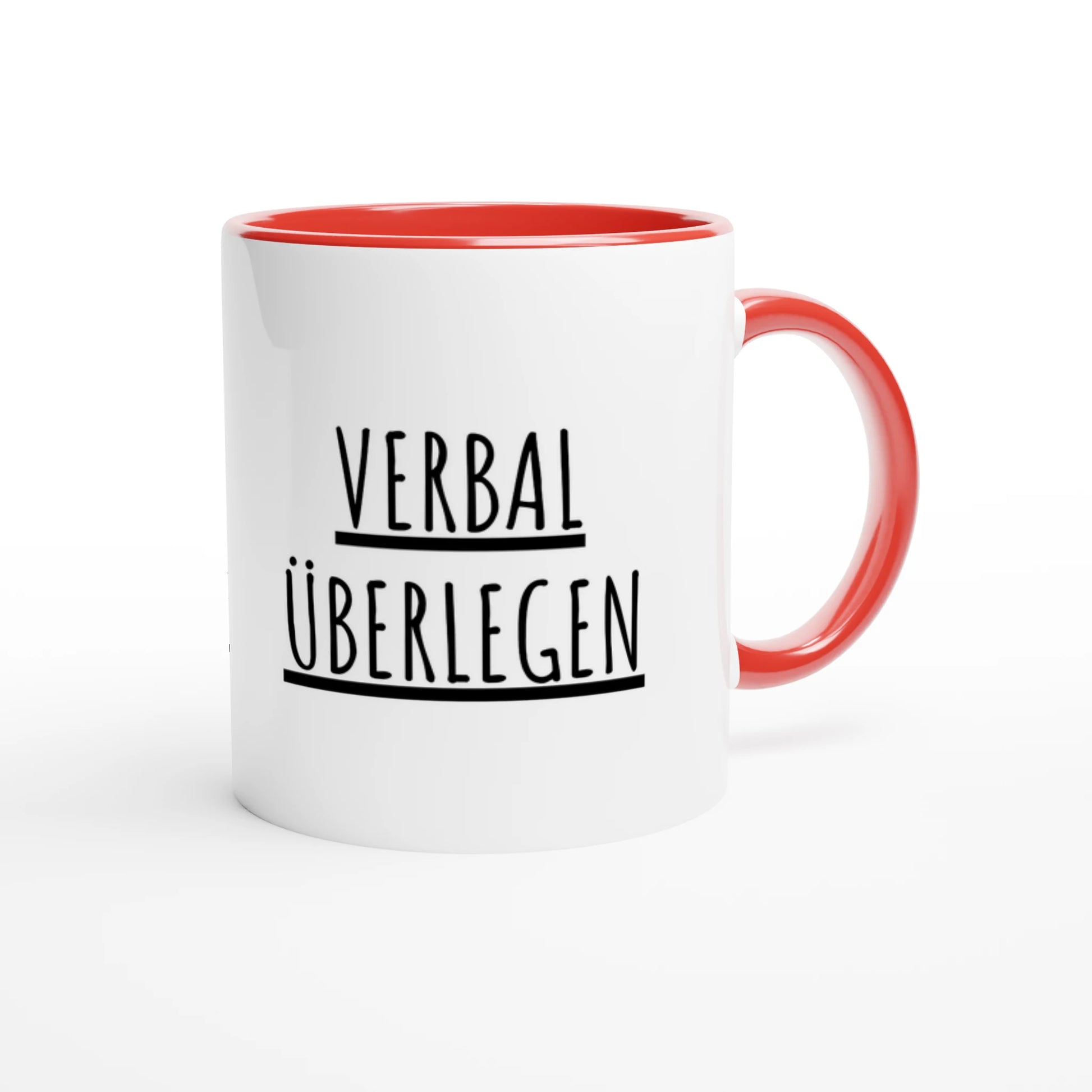 Zweifarbige Keramiktasse 325 ml mit Aufdruck "Verbal überlegen" in Rot – Schreibtischtasse von Vollzeitfrust
