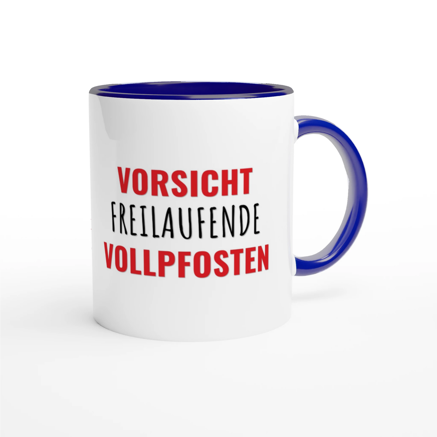 Zweifarbige Keramiktasse 325 ml mit Aufdruck "Vorsicht – freilaufende Vollpfosten" in Blau – Schreibtischtasse von Vollzeitfrust
