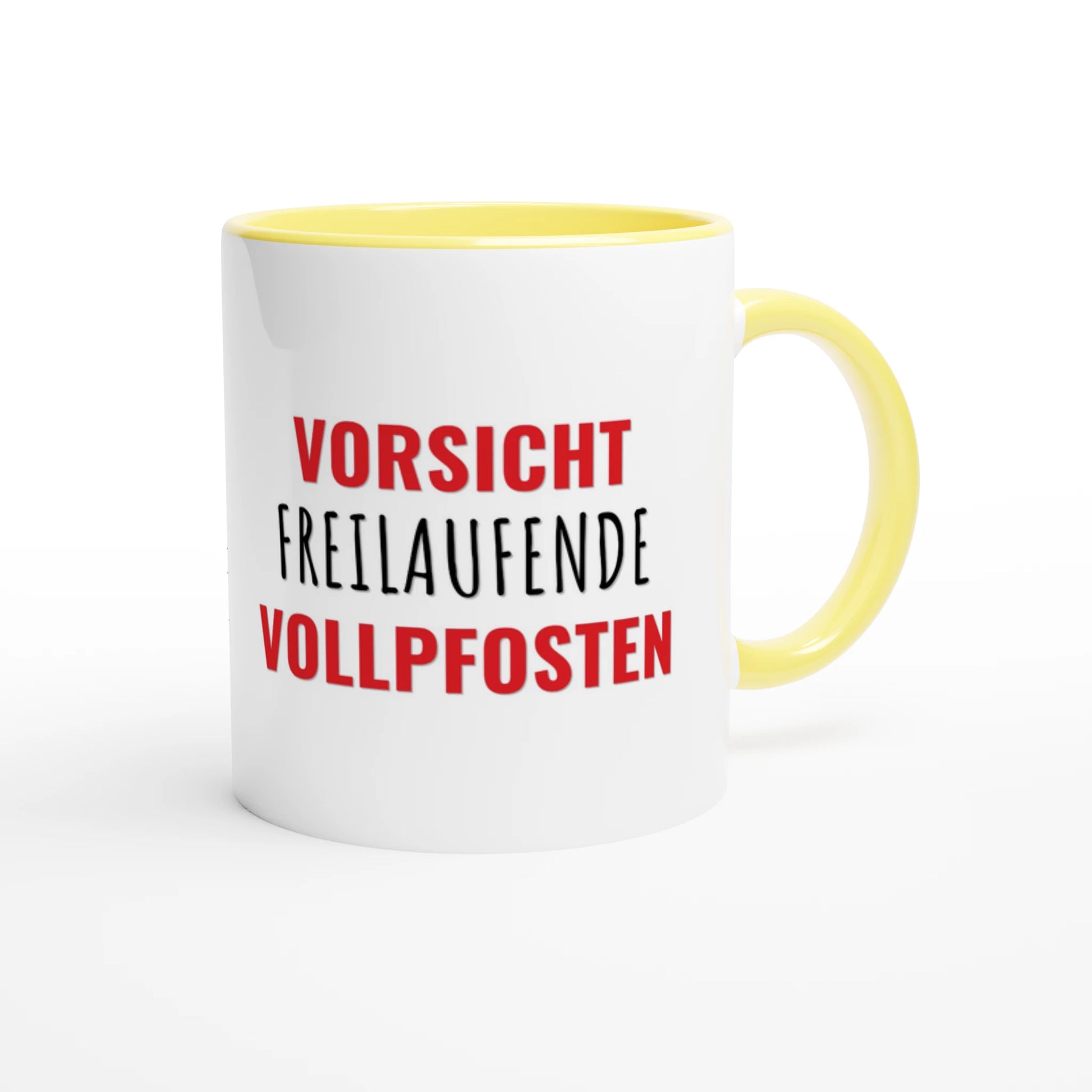 Zweifarbige Keramiktasse 325 ml mit Aufdruck "Vorsicht – freilaufende Vollpfosten" in Gelb – Schreibtischtasse von Vollzeitfrust
