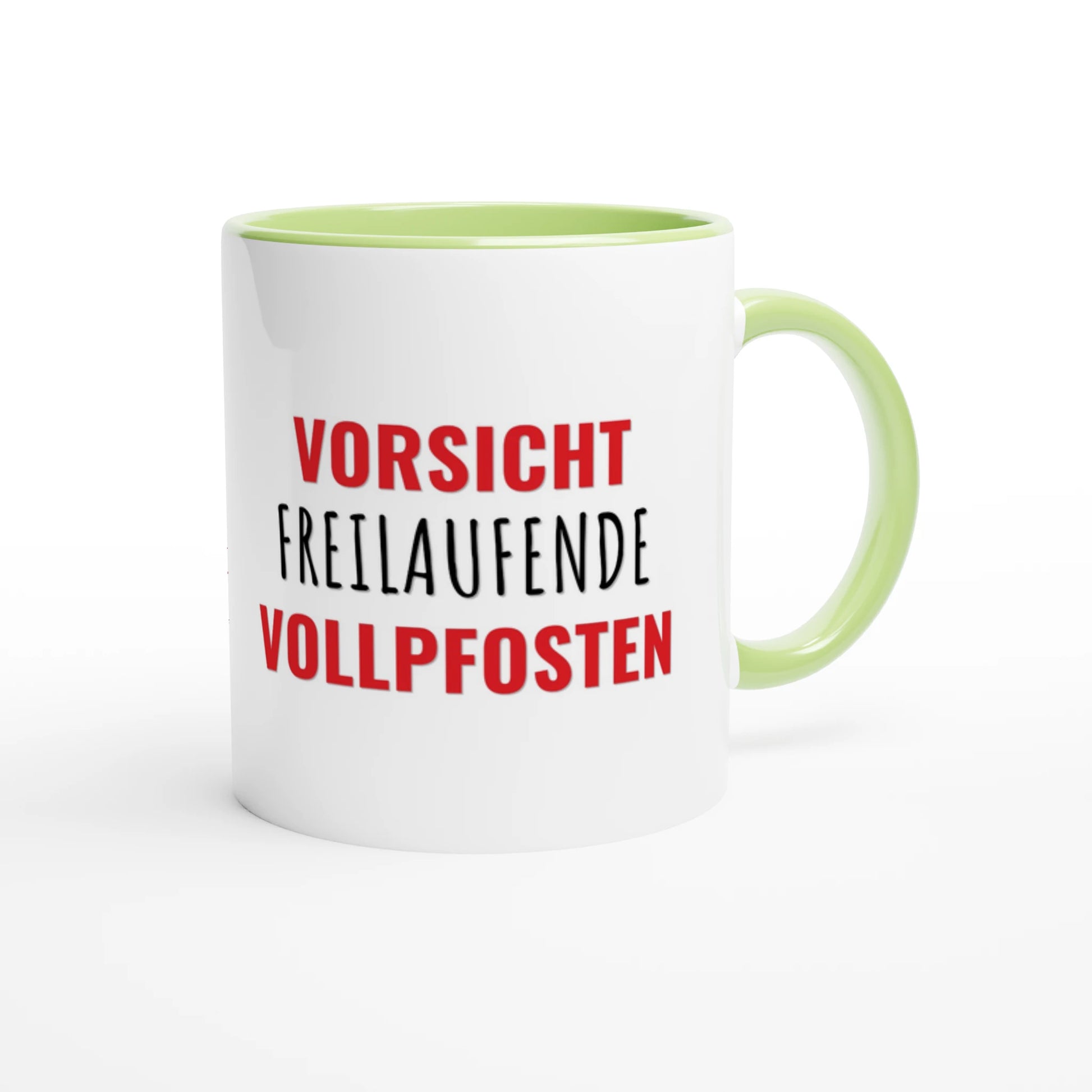Zweifarbige Keramiktasse 325 ml mit Aufdruck "Vorsicht – freilaufende Vollpfosten" in Grün – Schreibtischtasse von Vollzeitfrust

