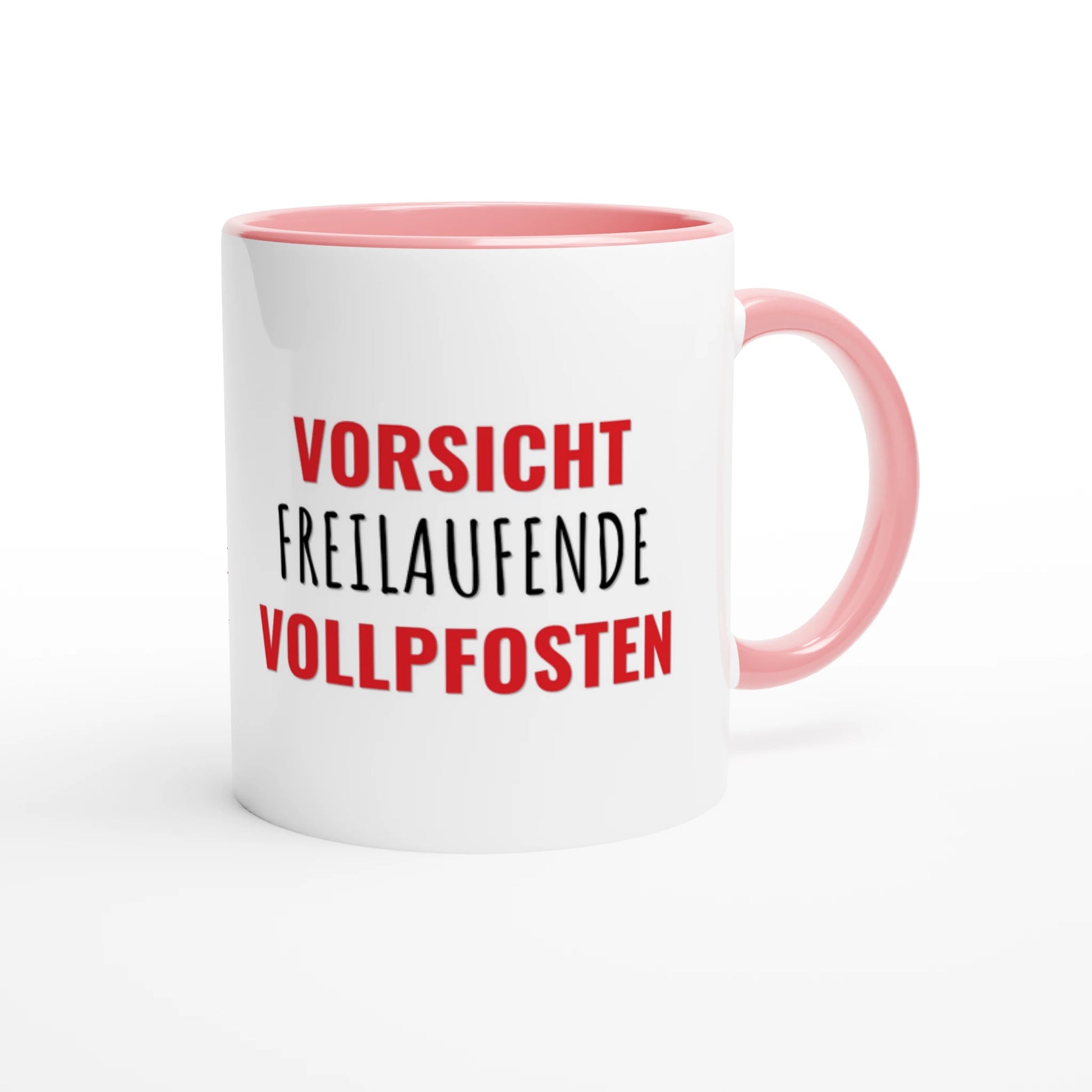 Zweifarbige Keramiktasse 325 ml mit Aufdruck "Vorsicht – freilaufende Vollpfosten" in Rosa – Schreibtischtasse von Vollzeitfrust

