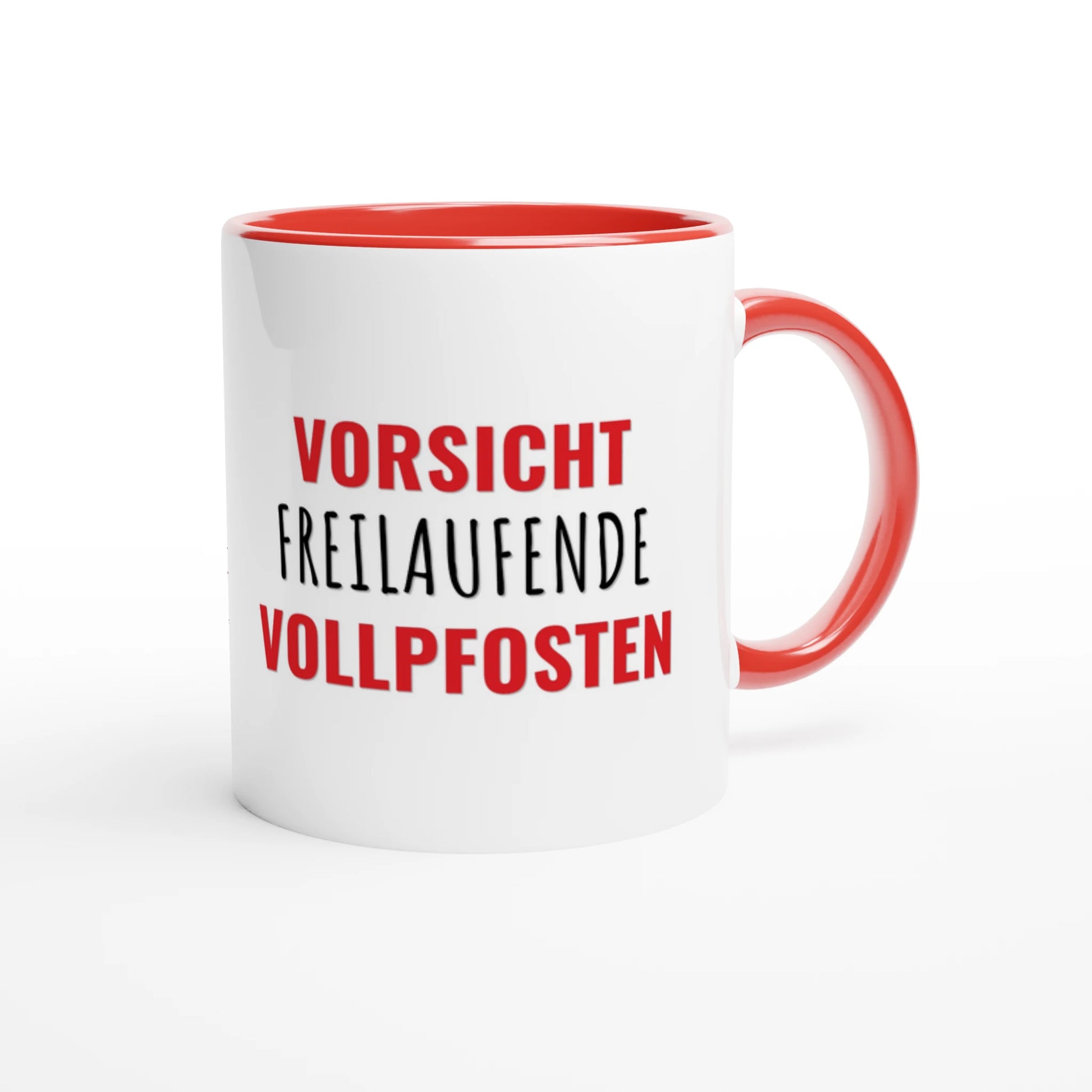 Zweifarbige Keramiktasse 325 ml mit Aufdruck "Vorsicht – freilaufende Vollpfosten" in Rot – Schreibtischtasse von Vollzeitfrust
