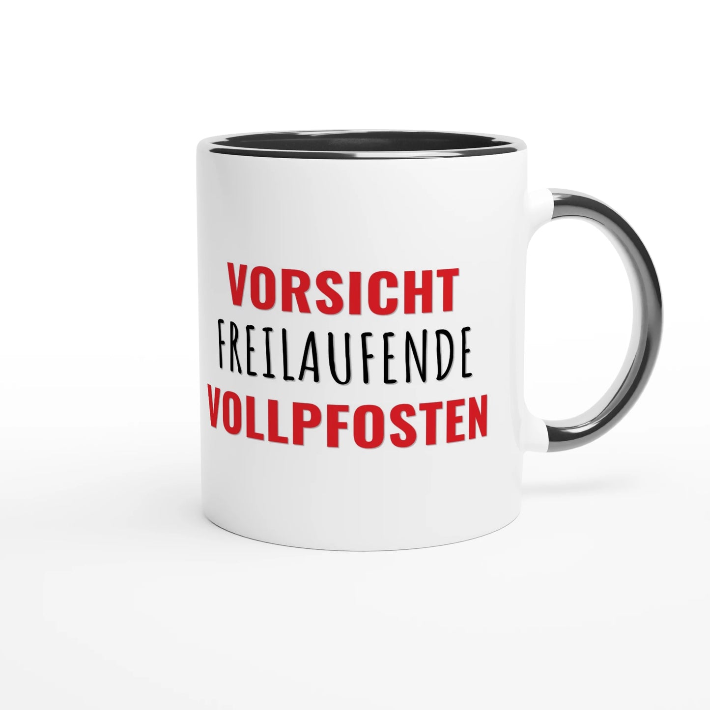 Zweifarbige Keramiktasse 325 ml mit Aufdruck "Vorsicht – freilaufende Vollpfosten" in Schwarz – Schreibtischtasse von Vollzeitfrust
