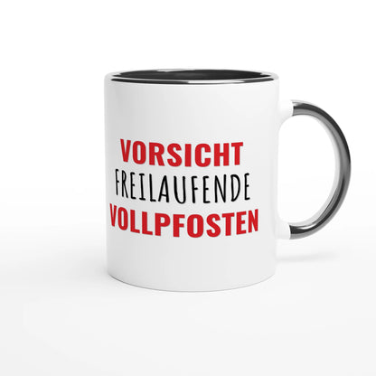 Zweifarbige Keramiktasse 325 ml mit Aufdruck "Vorsicht – freilaufende Vollpfosten" in Schwarz – Schreibtischtasse von Vollzeitfrust
