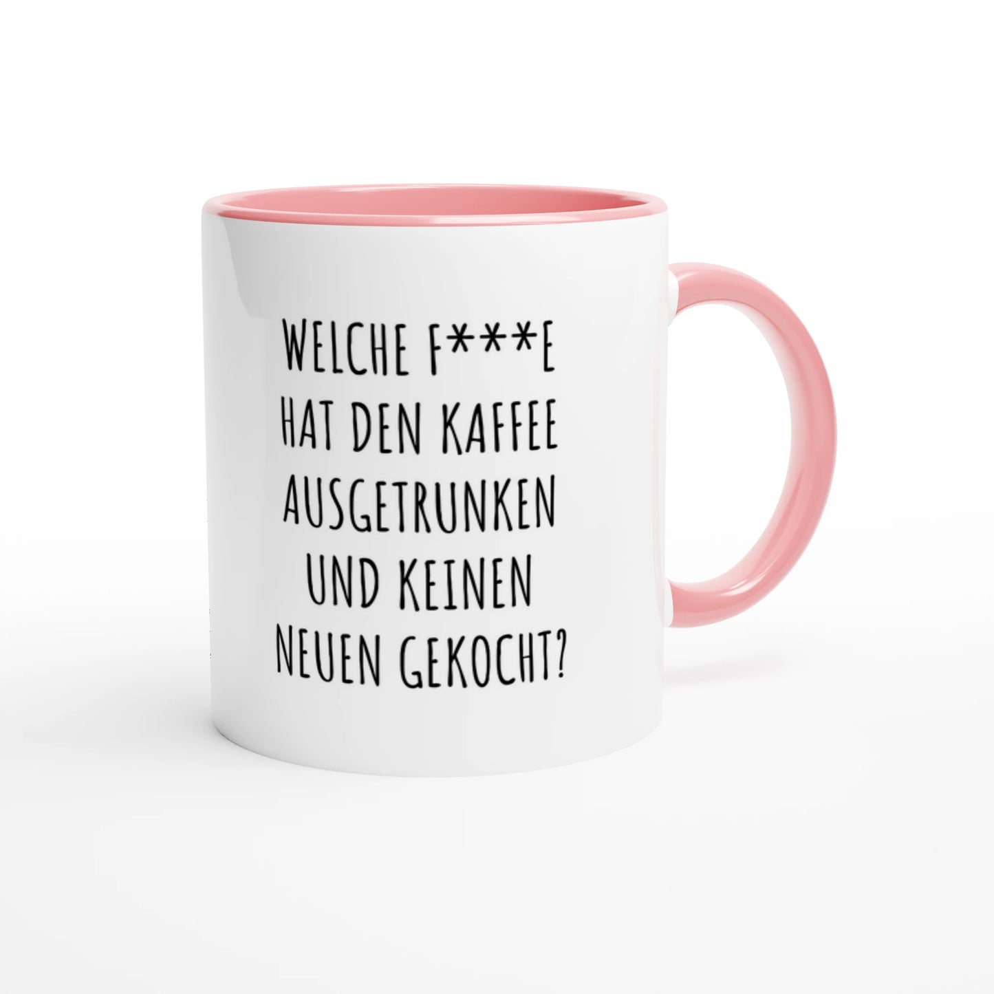 Zweifarbige Keramiktasse 325 ml mit Aufdruck "Welche F***e hat den Kaffee ausgetrunken?" in Rosa – Schreibtischtasse von Vollzeitfrust
