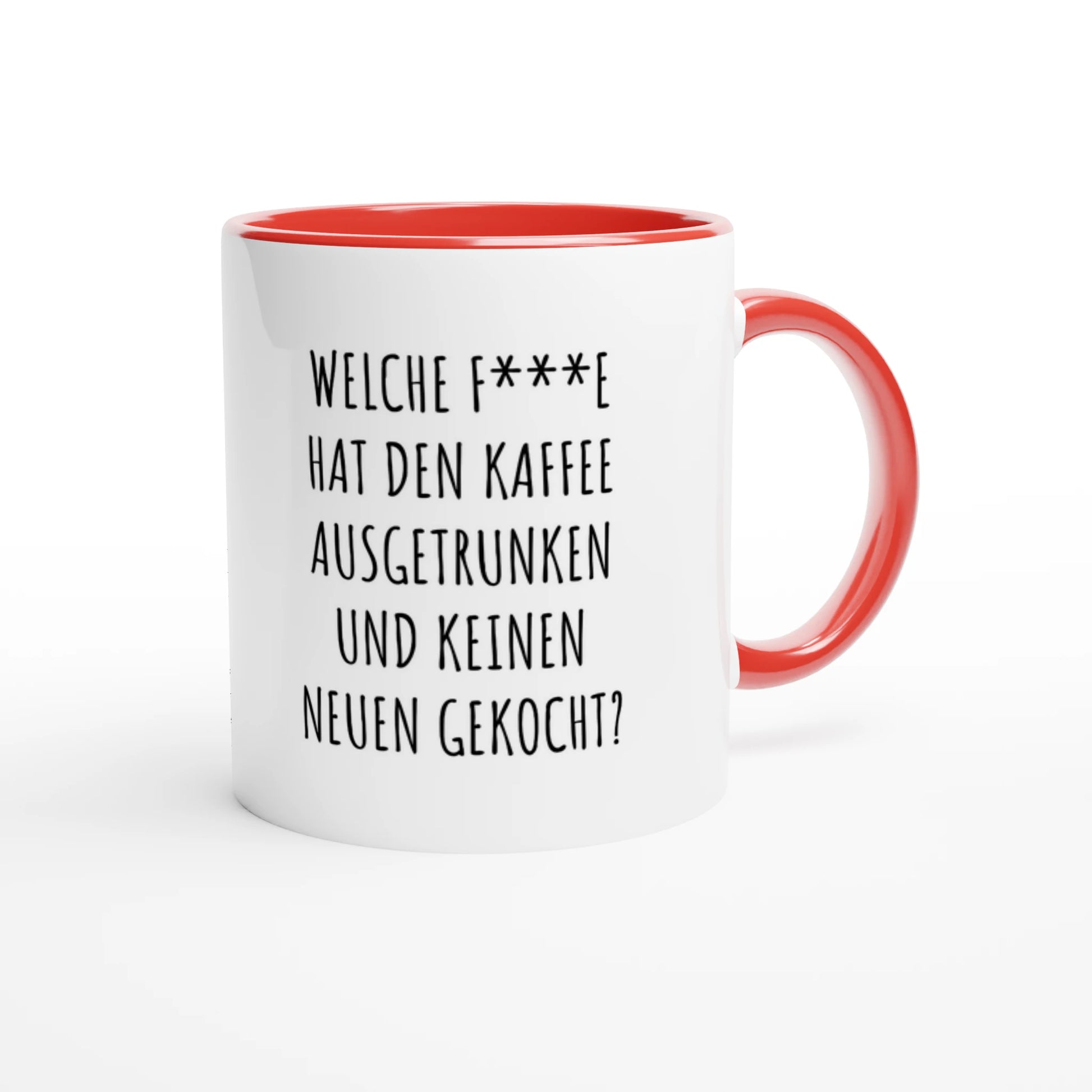 Zweifarbige Keramiktasse 325 ml mit Aufdruck "Welche F***e hat den Kaffee ausgetrunken?" in Rot – Schreibtischtasse von Vollzeitfrust
