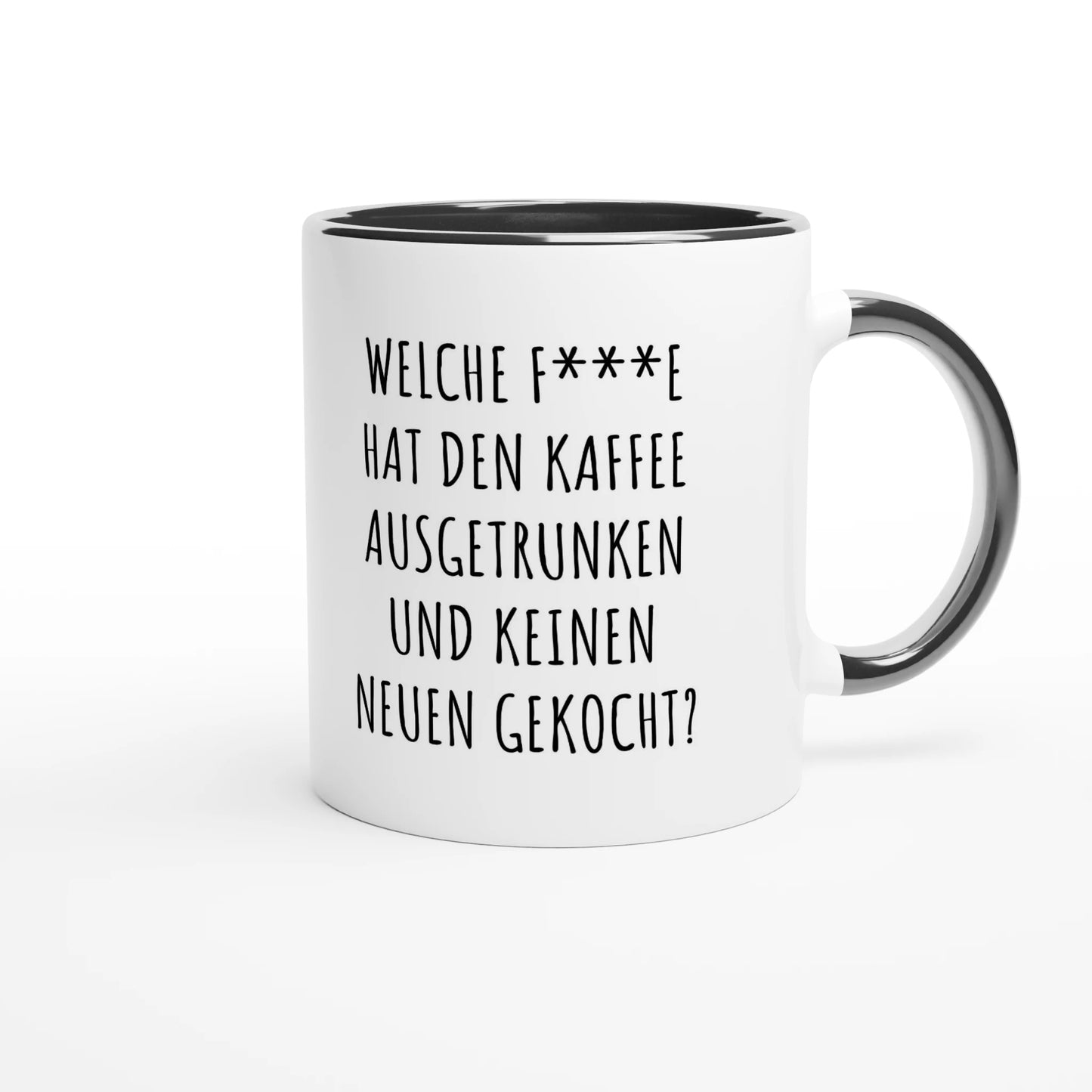 Zweifarbige Keramiktasse 325 ml mit Aufdruck "Welche F***e hat den Kaffee ausgetrunken?" in Schwarz – Schreibtischtasse von Vollzeitfrust
