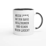 Zweifarbige Keramiktasse 325 ml mit Aufdruck "Welche F***e hat den Kaffee ausgetrunken?" in Schwarz – Schreibtischtasse von Vollzeitfrust
