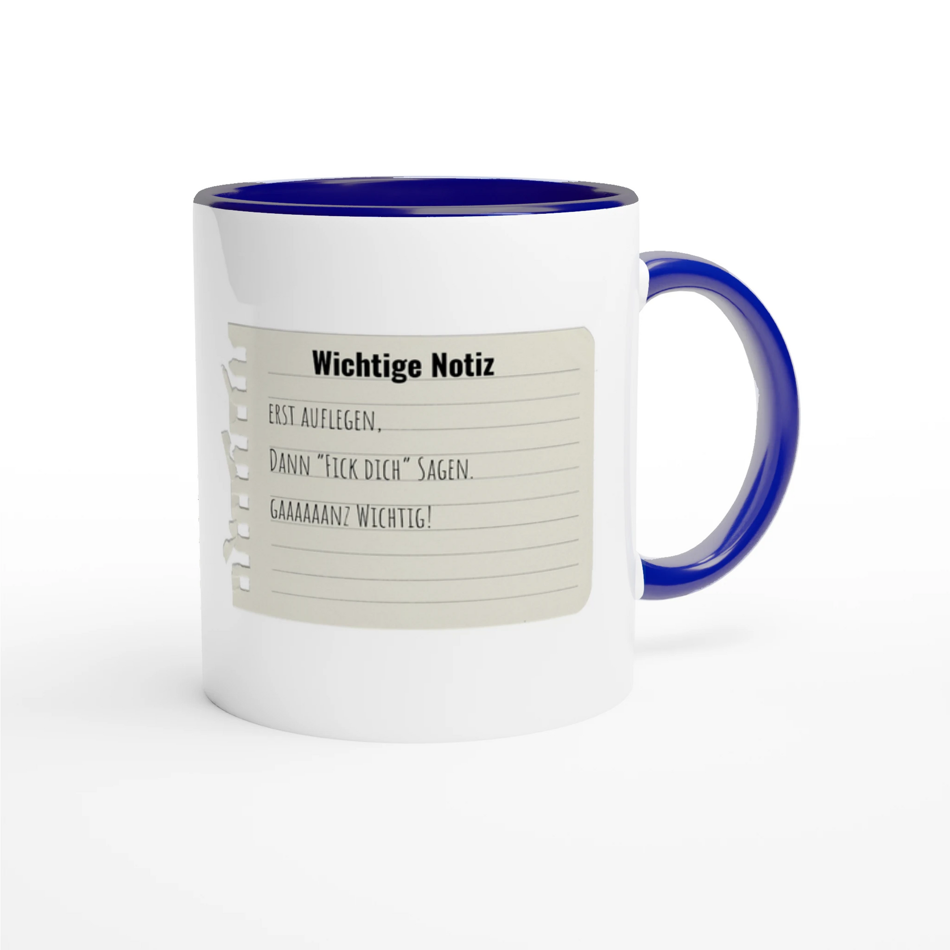 Zweifarbige Keramiktasse 325 ml mit Aufdruck "Wichtige Notiz: Erst auflegen, dann" in Blau – Schreibtischtasse von Vollzeitfrust
