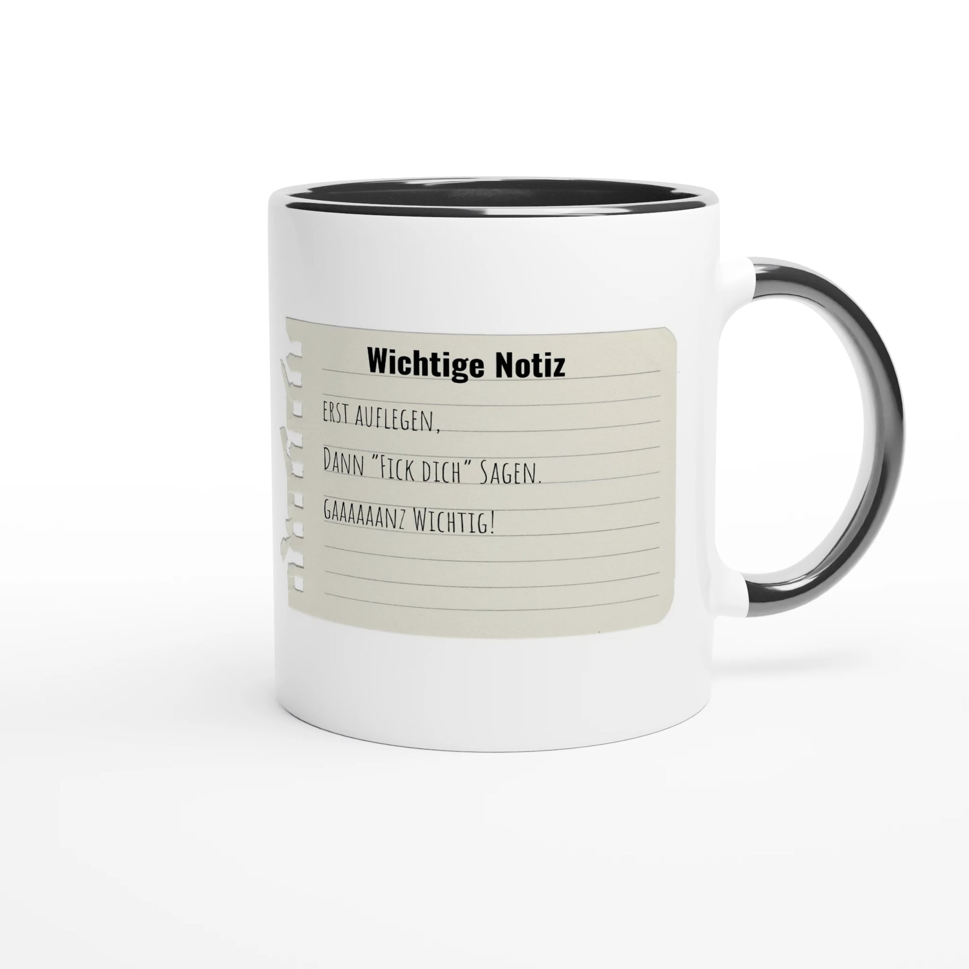 Zweifarbige Keramiktasse 325 ml mit Aufdruck "Wichtige Notiz: Erst auflegen, dann" in Schwarz – Schreibtischtasse von Vollzeitfrust
