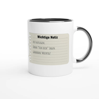 Zweifarbige Keramiktasse 325 ml mit Aufdruck "Wichtige Notiz: Erst auflegen, dann" in Schwarz – Schreibtischtasse von Vollzeitfrust
