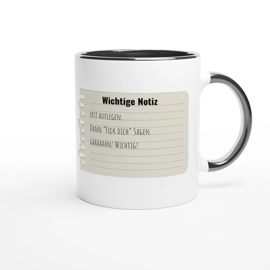 Zweifarbige Keramiktasse 325 ml mit Aufdruck "Wichtige Notiz: Erst auflegen, dann" in Schwarz – Schreibtischtasse von Vollzeitfrust
