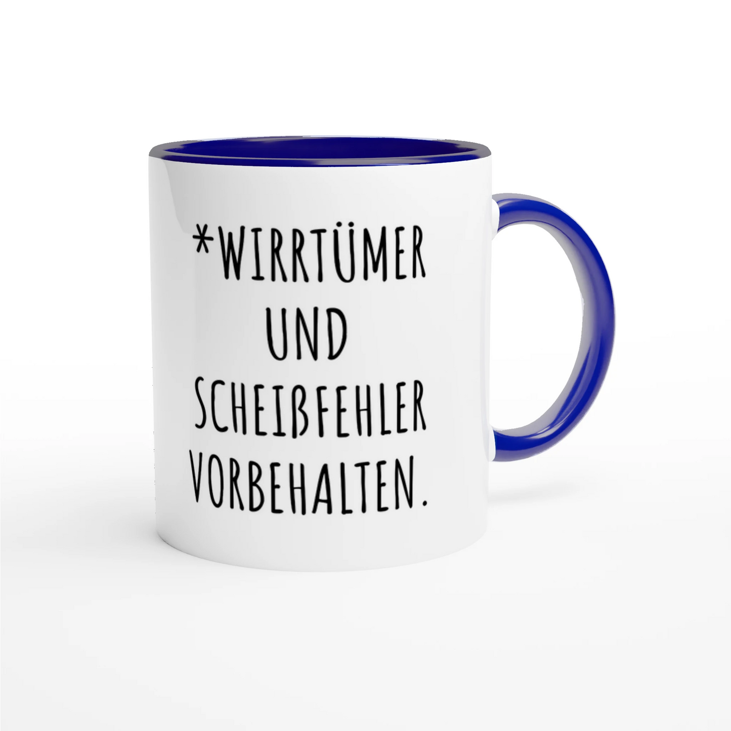 Zweifarbige Keramiktasse 325 ml mit Aufdruck "*Wirrtümer und Scheißfehler vorbehalten" in Blau – Schreibtischtasse von Vollzeitfrust

