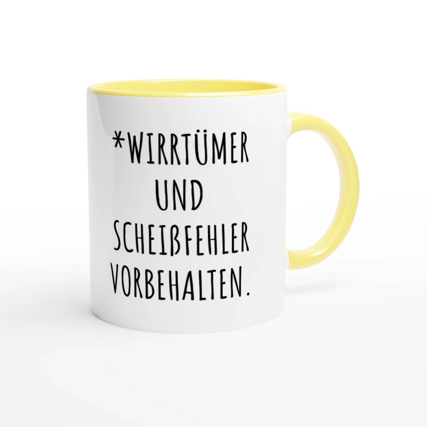 Zweifarbige Keramiktasse 325 ml mit Aufdruck "*Wirrtümer und Scheißfehler vorbehalten" in Gelb – Schreibtischtasse von Vollzeitfrust
