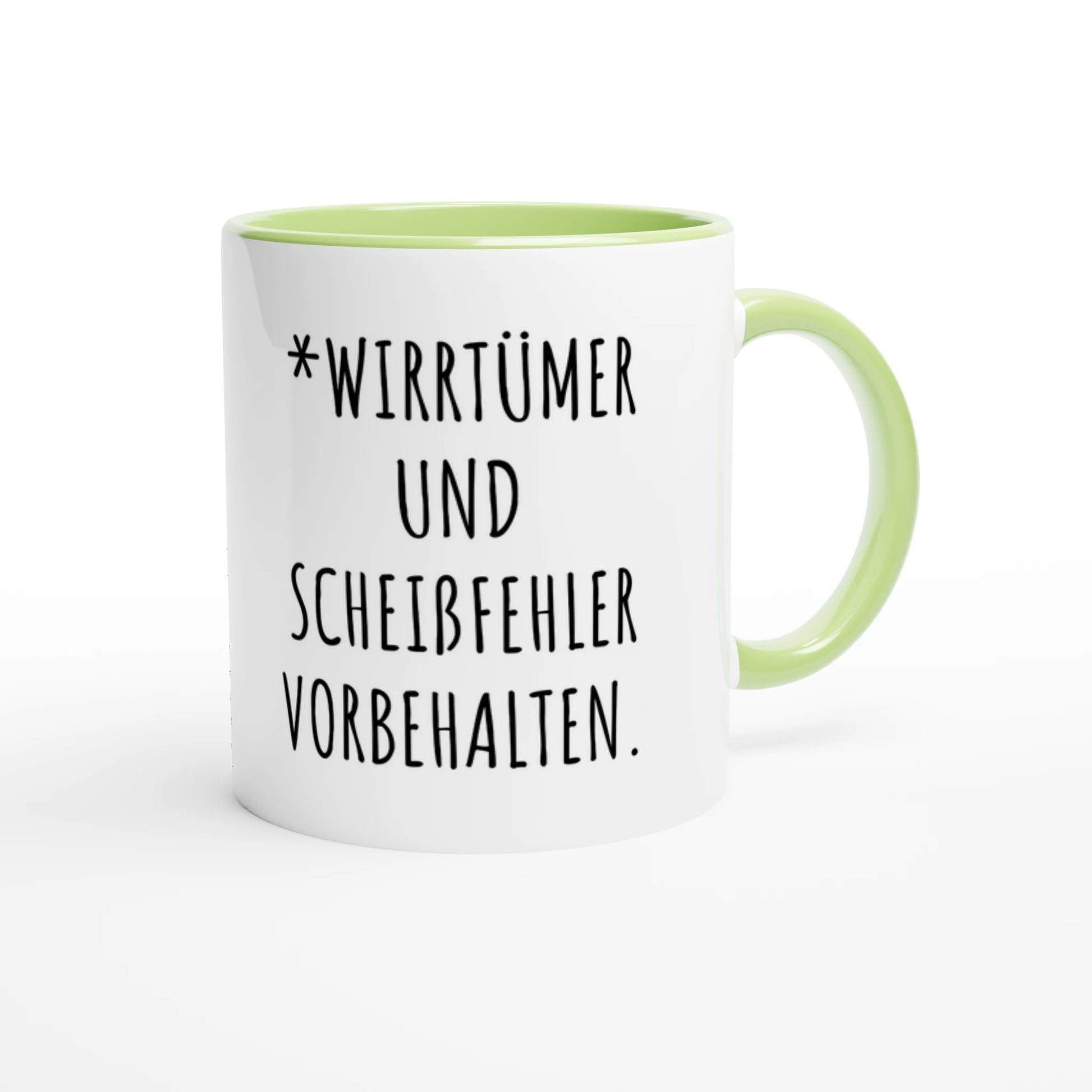 Zweifarbige Keramiktasse 325 ml mit Aufdruck "*Wirrtümer und Scheißfehler vorbehalten" in Grün – Schreibtischtasse von Vollzeitfrust
