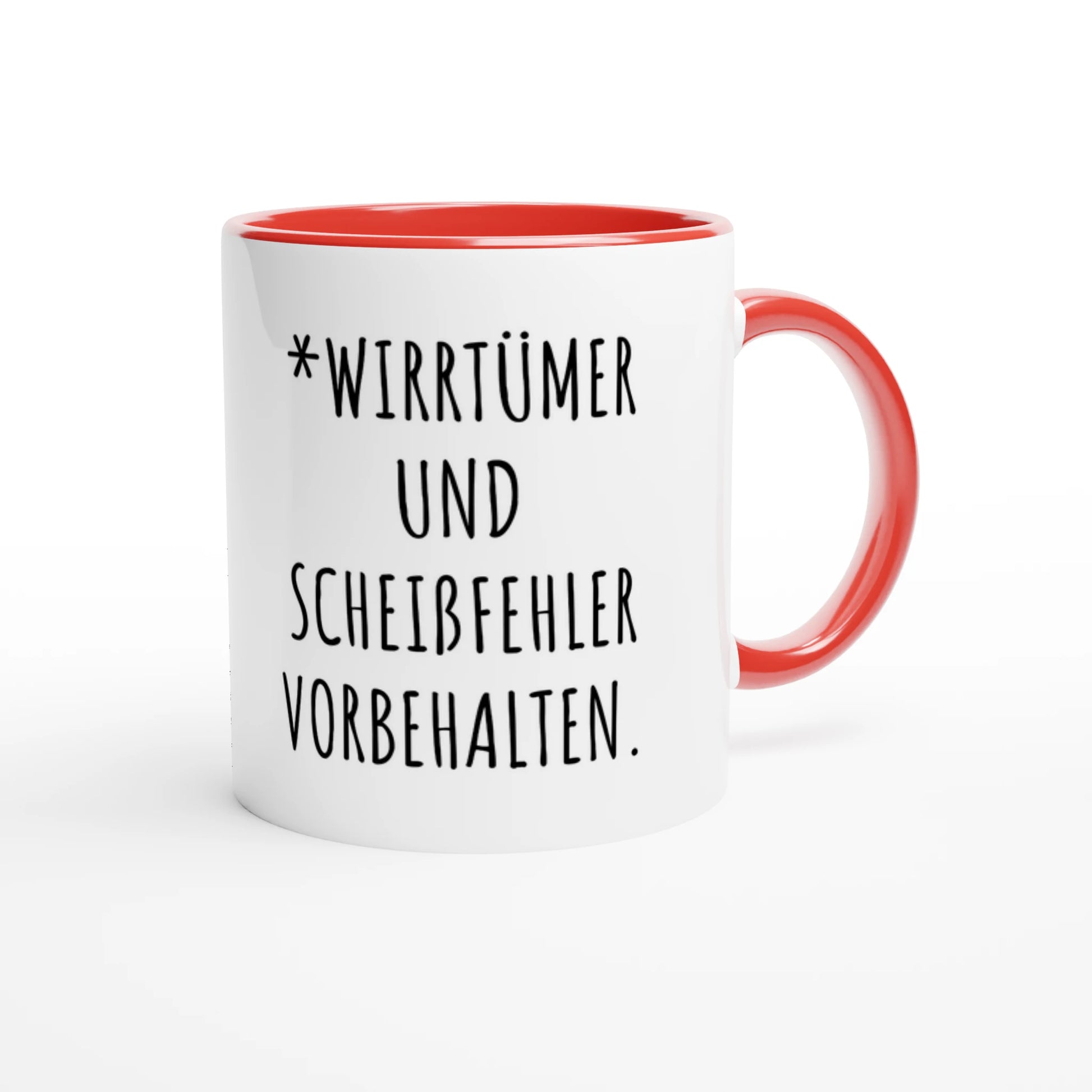 Zweifarbige Keramiktasse 325 ml mit Aufdruck "*Wirrtümer und Scheißfehler vorbehalten" in Rot – Schreibtischtasse von Vollzeitfrust
