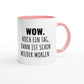 Zweifarbige Keramiktasse 325 ml mit Aufdruck "Wow. Noch ein Tag, dann ist schon wieder Morgen" in Rosa – Schreibtischtasse von Vollzeitfrust
