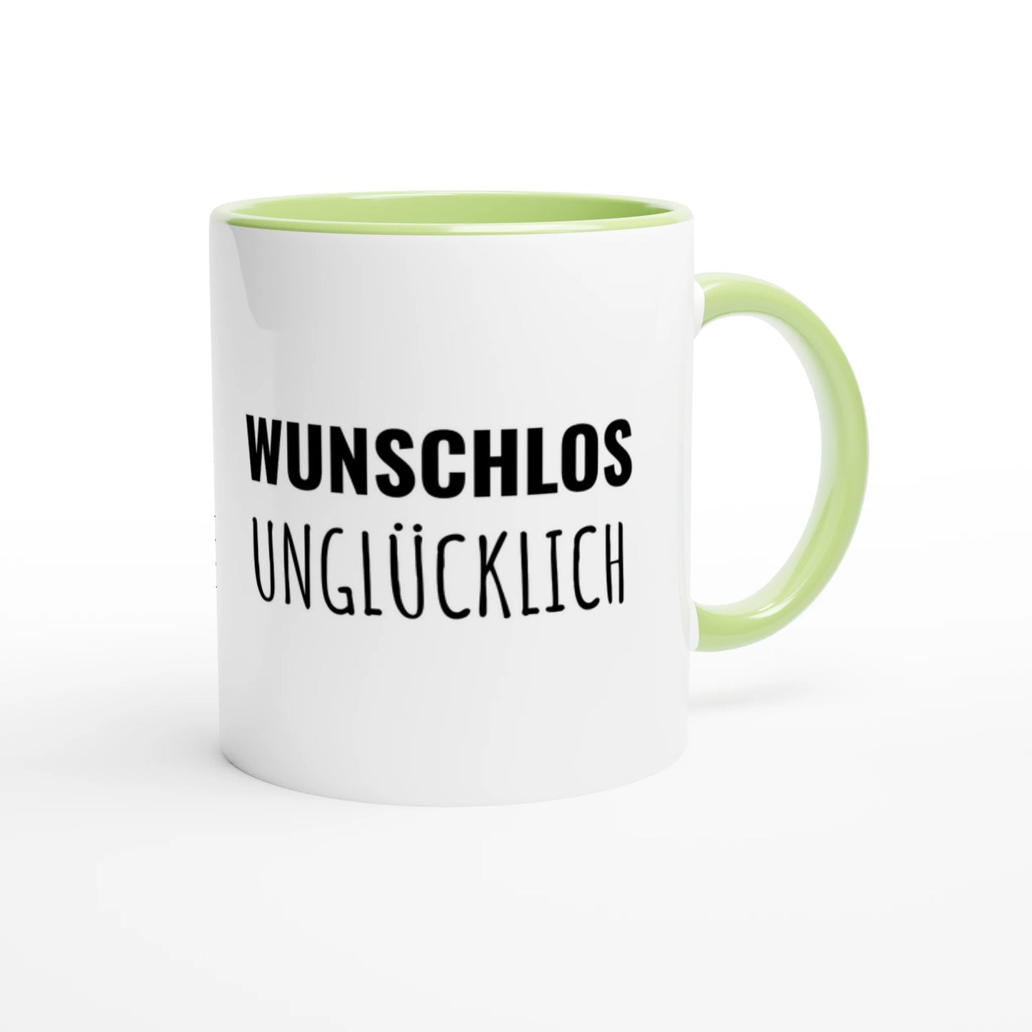 Zweifarbige Keramiktasse 325 ml mit Aufdruck "Wunschlos unglücklich" in Grün – Schreibtischtasse von Vollzeitfrust
