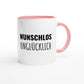 Zweifarbige Keramiktasse 325 ml mit Aufdruck "Wunschlos unglücklich" in Rosa – Schreibtischtasse von Vollzeitfrust
