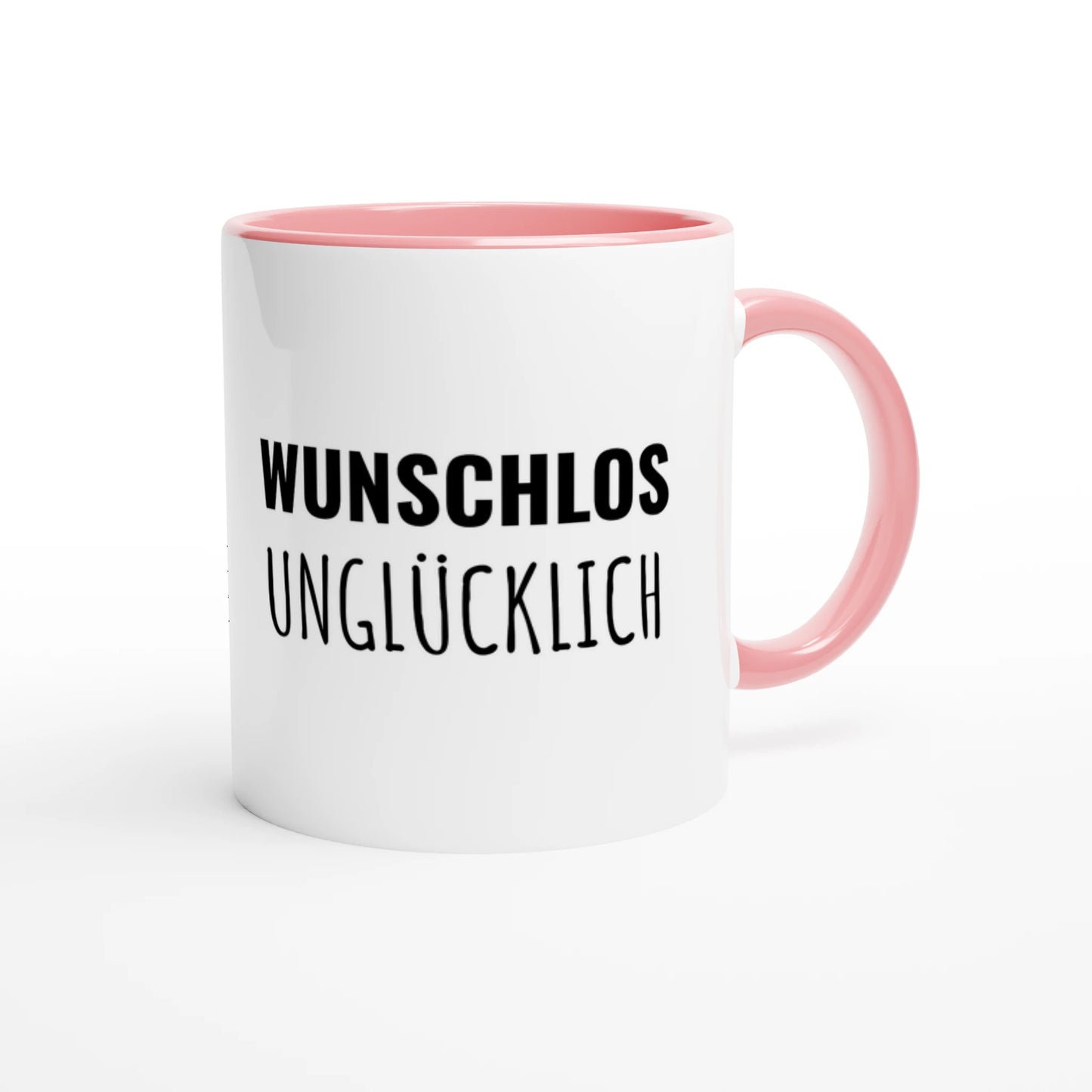 Zweifarbige Keramiktasse 325 ml mit Aufdruck "Wunschlos unglücklich" in Rosa – Schreibtischtasse von Vollzeitfrust
