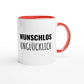 Zweifarbige Keramiktasse 325 ml mit Aufdruck "Wunschlos unglücklich" in Rot – Schreibtischtasse von Vollzeitfrust
