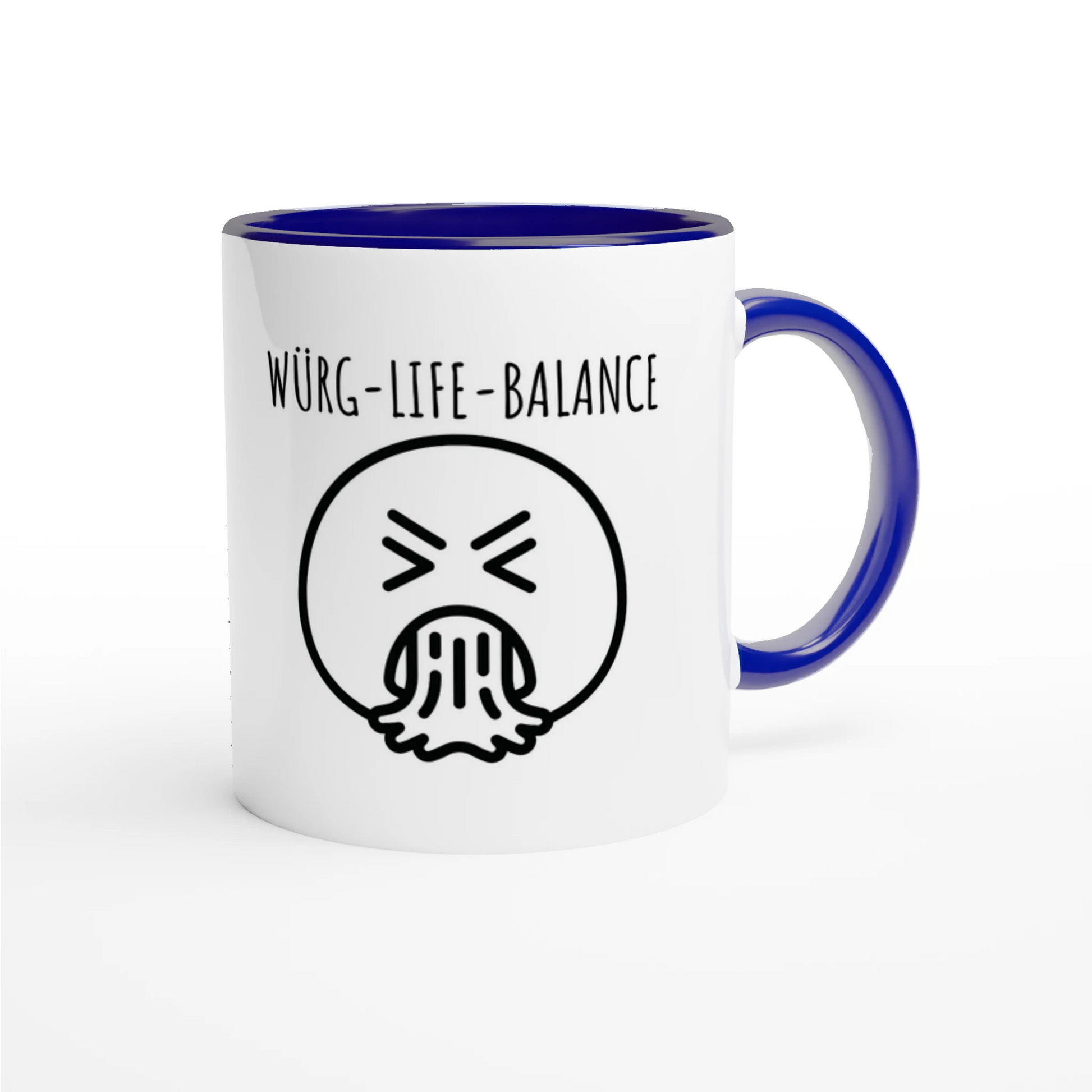 Zweifarbige Keramiktasse 325 ml mit Aufdruck "Würg-Life-Balance" in Blau – Schreibtischtasse von Vollzeitfrust
