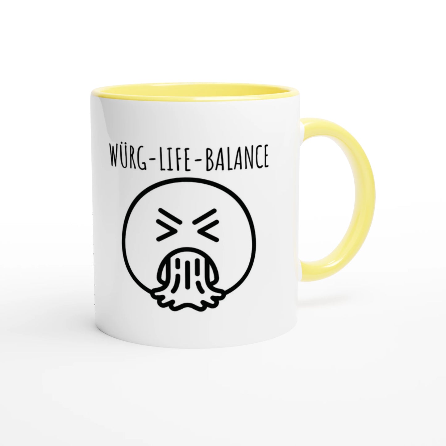 Zweifarbige Keramiktasse 325 ml mit Aufdruck "Würg-Life-Balance" in Gelb – Schreibtischtasse von Vollzeitfrust
