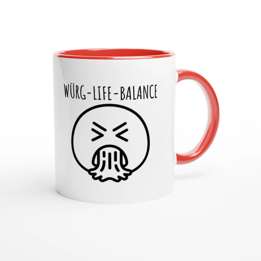 Zweifarbige Keramiktasse 325 ml mit Aufdruck "Würg-Life-Balance" in Rot – Schreibtischtasse von Vollzeitfrust
