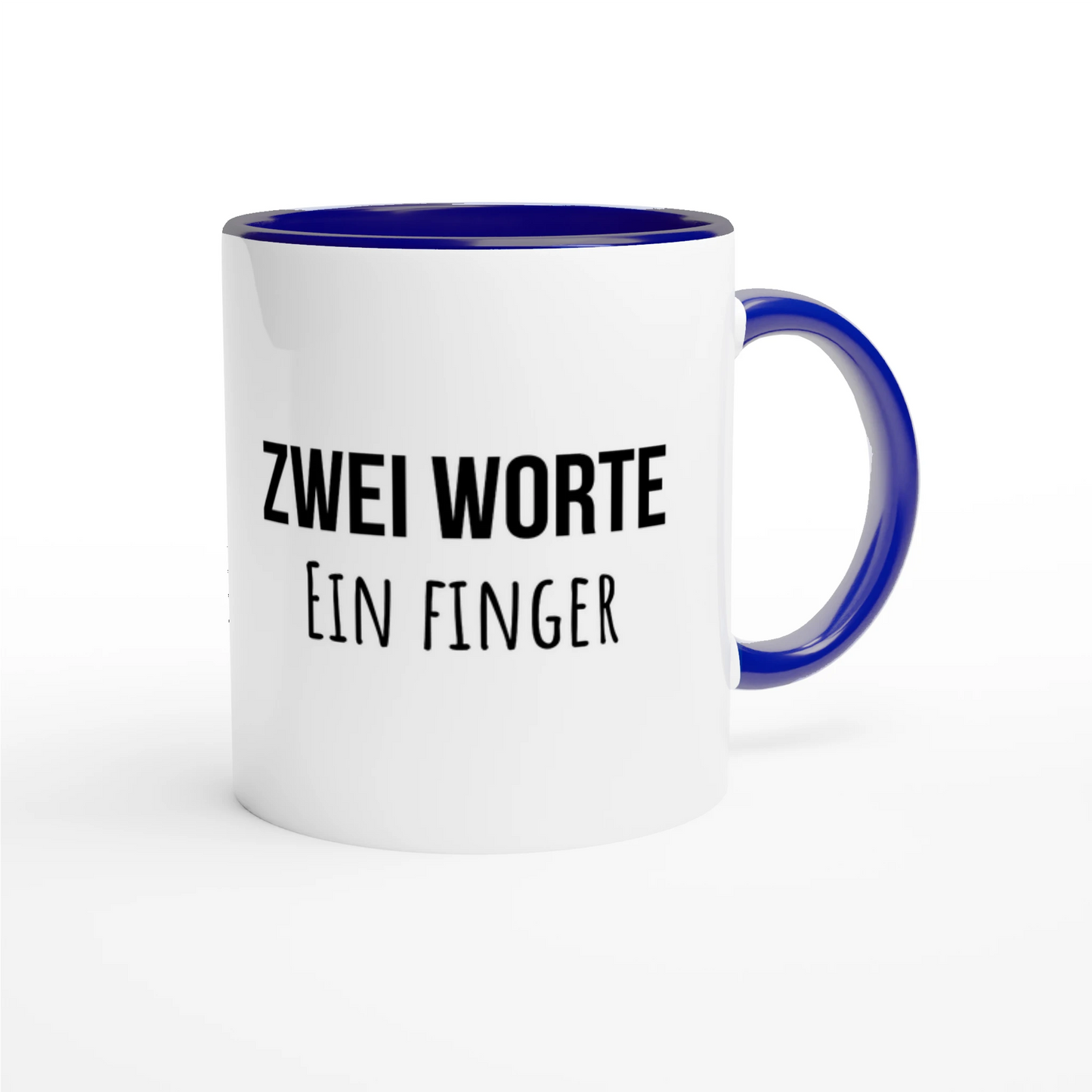 Zweifarbige Keramiktasse 325 ml mit Aufdruck "Zwei Worte. Ein Finger" in Blau – Schreibtischtasse von Vollzeitfrust
