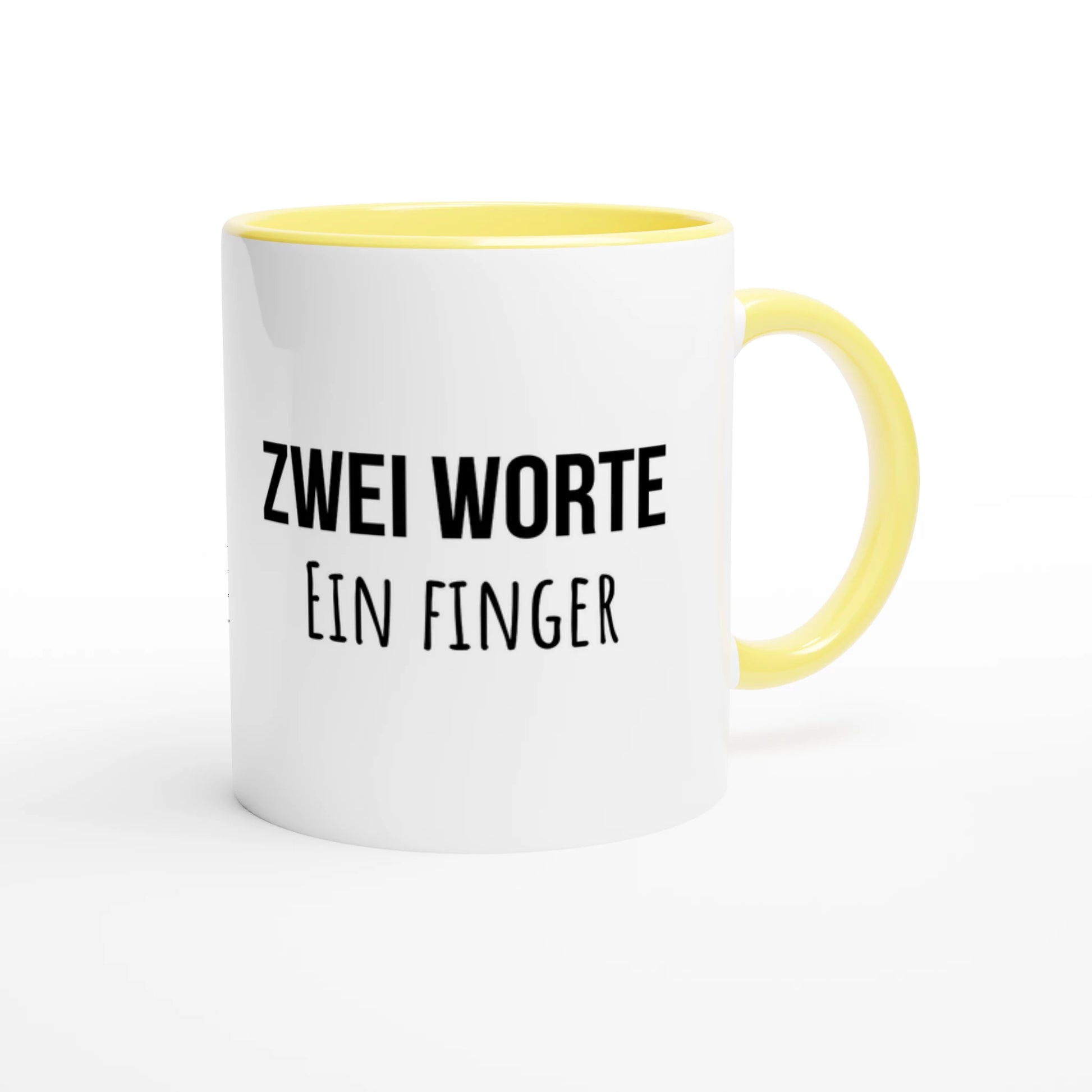 Zweifarbige Keramiktasse 325 ml mit Aufdruck "Zwei Worte. Ein Finger" in Gelb – Schreibtischtasse von Vollzeitfrust
