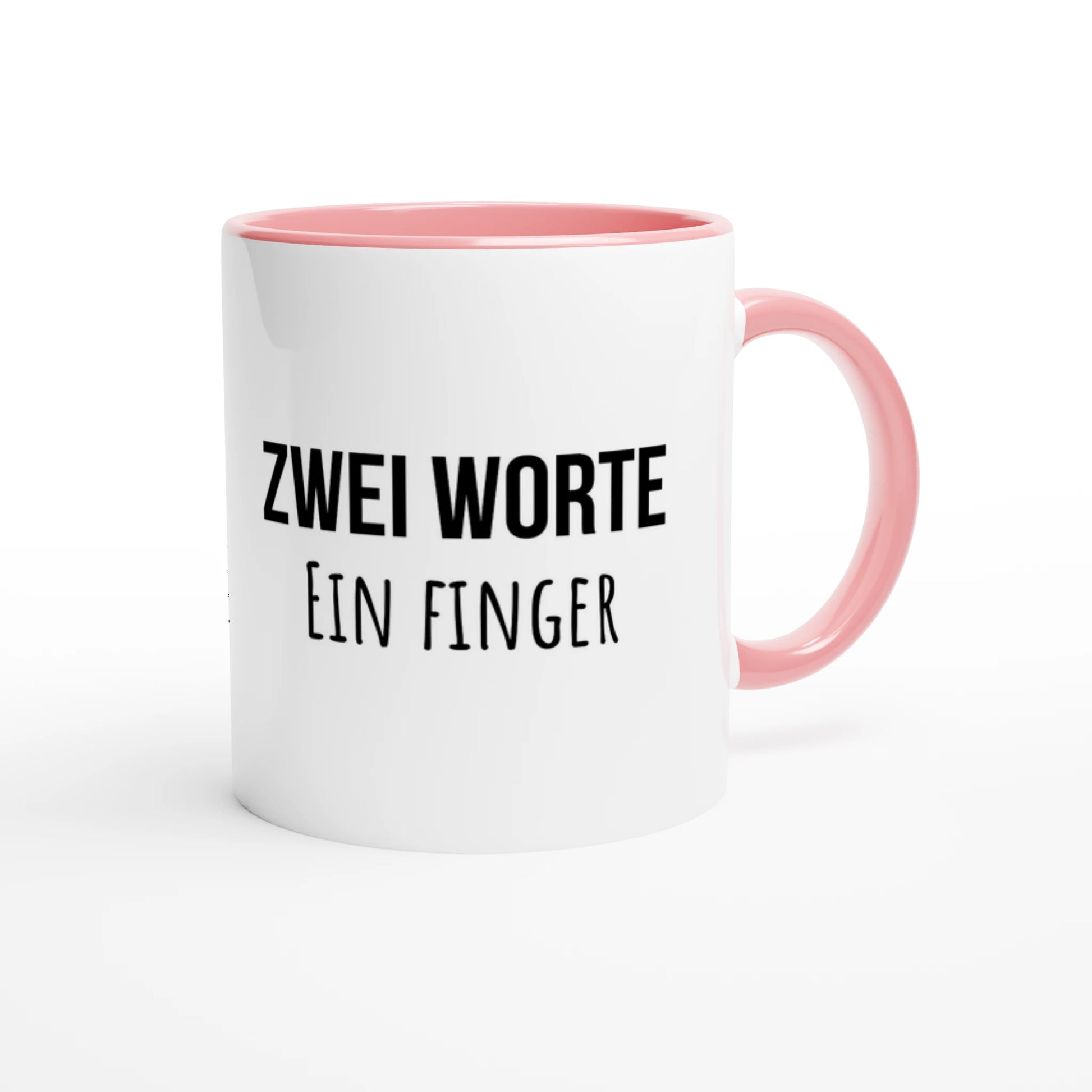 Zweifarbige Keramiktasse 325 ml mit Aufdruck "Zwei Worte. Ein Finger" in Rosa – Schreibtischtasse von Vollzeitfrust
