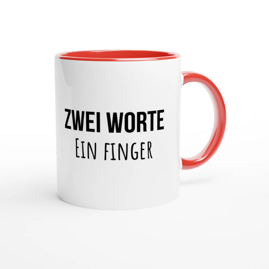 Zweifarbige Keramiktasse 325 ml mit Aufdruck "Zwei Worte. Ein Finger" in Rot – Schreibtischtasse von Vollzeitfrust
