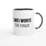 Zweifarbige Keramiktasse 325 ml mit Aufdruck "Zwei Worte. Ein Finger" in Schwarz – Schreibtischtasse von Vollzeitfrust
