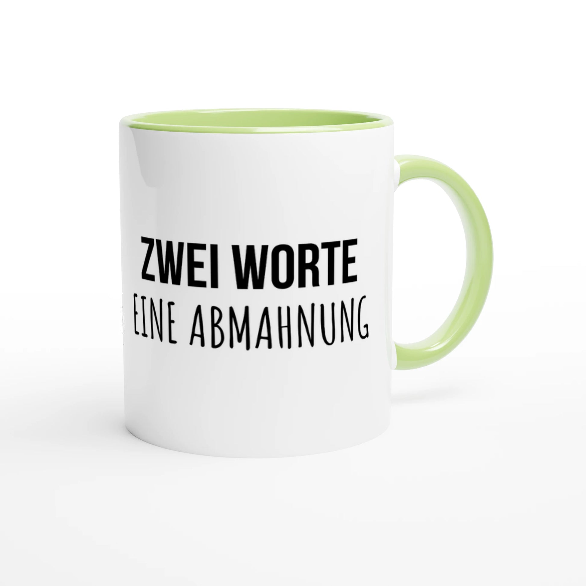 Zweifarbige Keramiktasse 325 ml mit Aufdruck "Zwei Worte. Eine Abmahnung" in Grün – Schreibtischtasse von Vollzeitfrust
