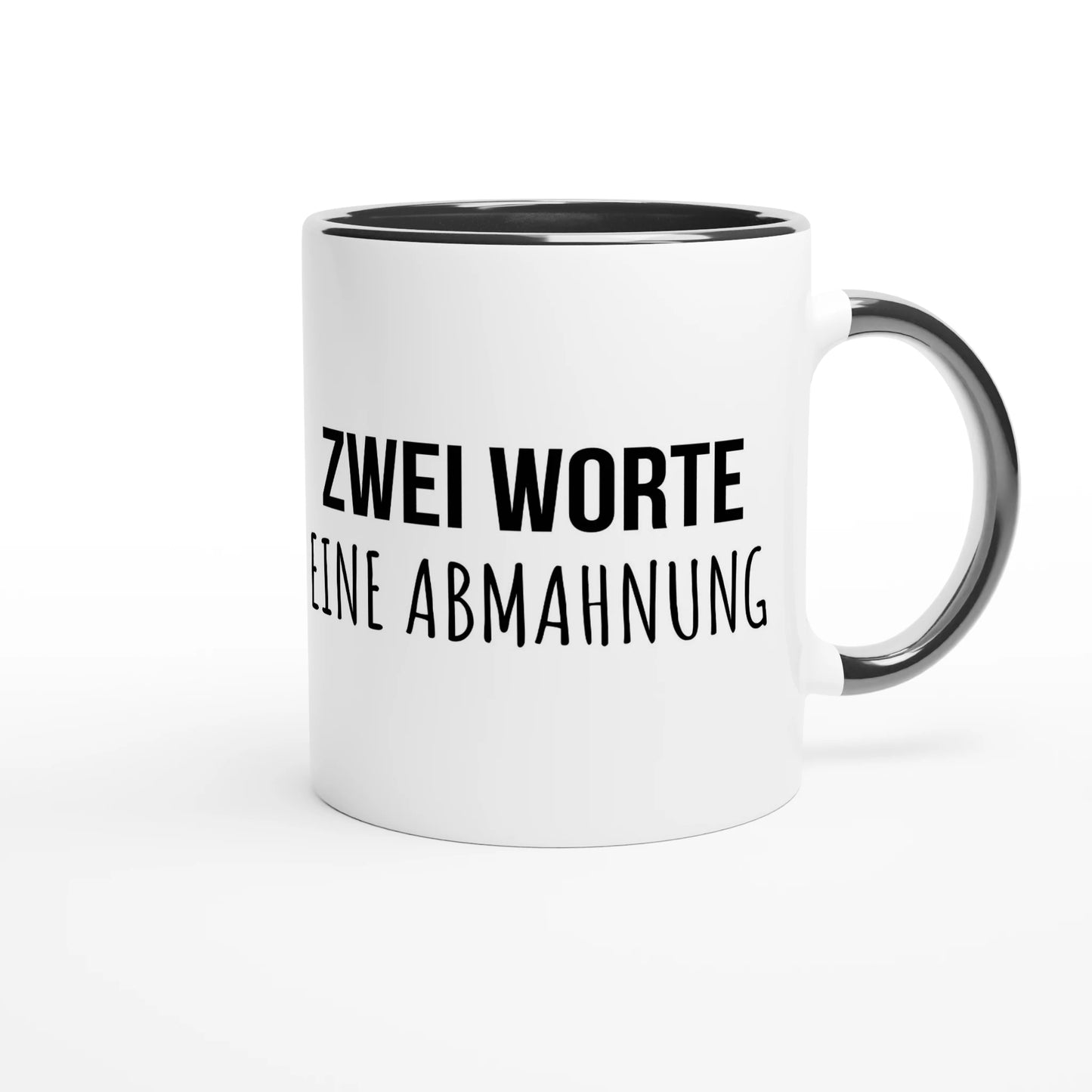 Zweifarbige Keramiktasse 325 ml mit Aufdruck "Zwei Worte. Eine Abmahnung" in Schwarz – Schreibtischtasse von Vollzeitfrust
